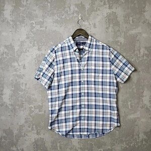 Men's Blue and White Plaid Button-Down Shirt